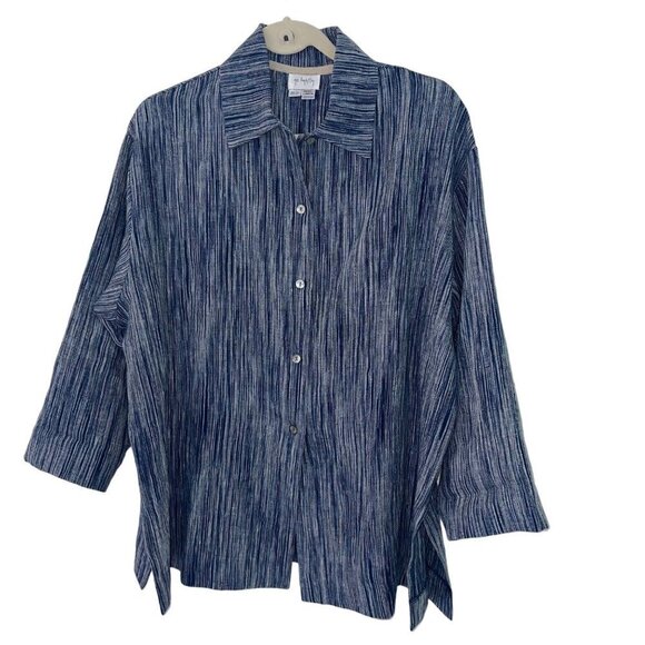Go Lightly Womens Shirt Blouse One Size Blue Button Down Lagenlook Pure Linen - Picture 1 of 11